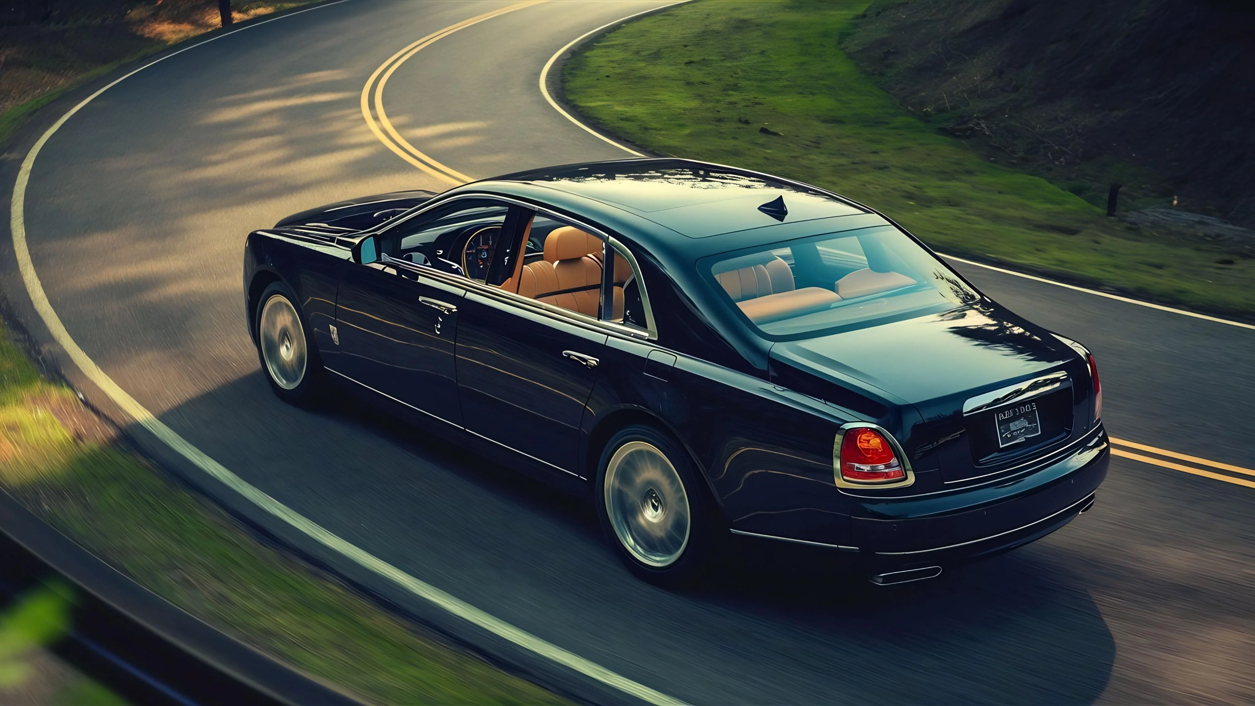 A black Rolls-Royce sweeping along an open highway